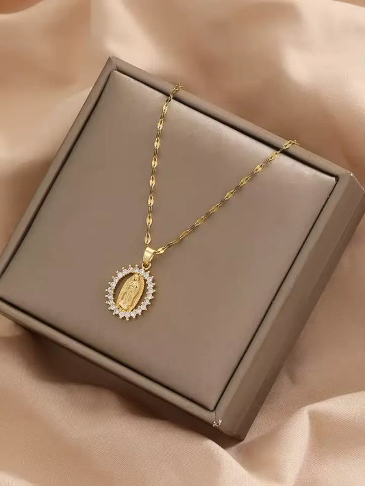 Elegant Virgin Mary Star Necklace – Colorful Zircon & Hollow Design