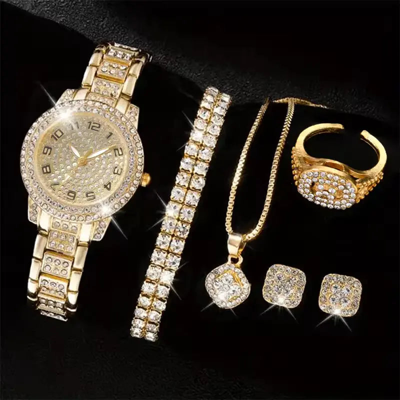 6PCS Luxury Women’s Watch & Bracelet Set – Elegant Crystal Design