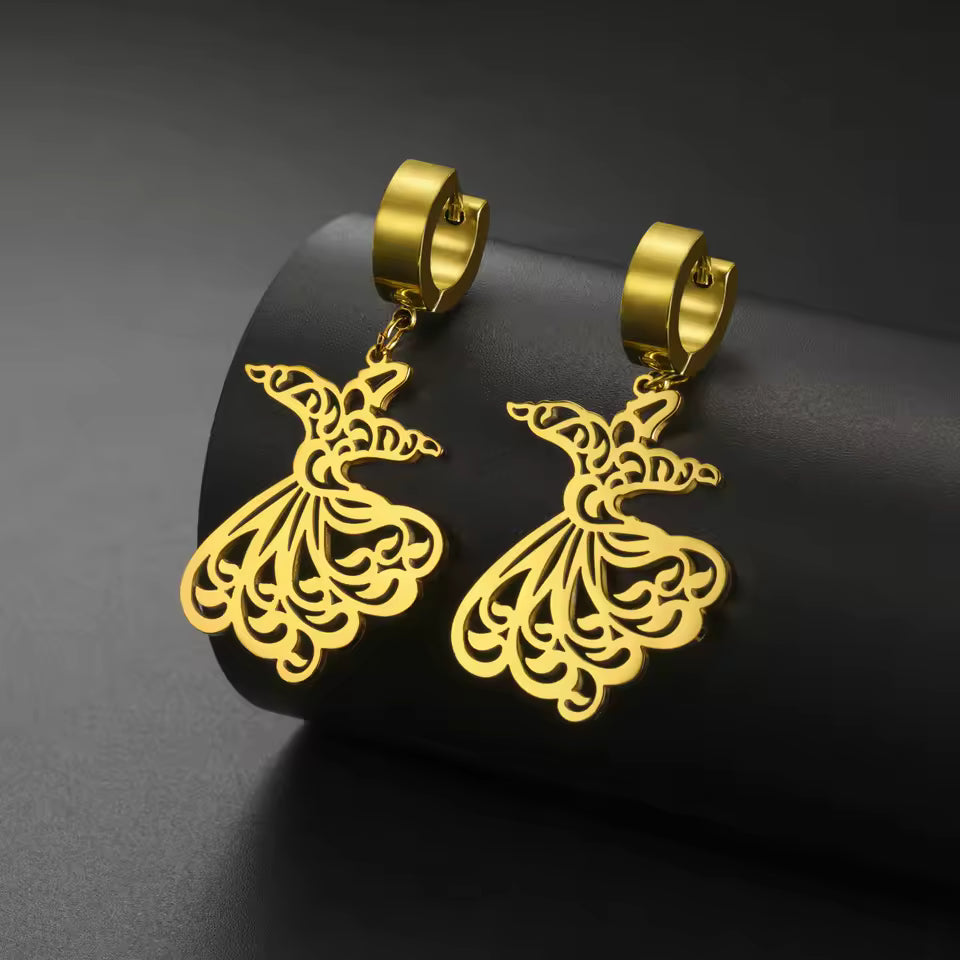 Gold Sufi Sama Dance drop earrings for women with Islamic calligraphy design