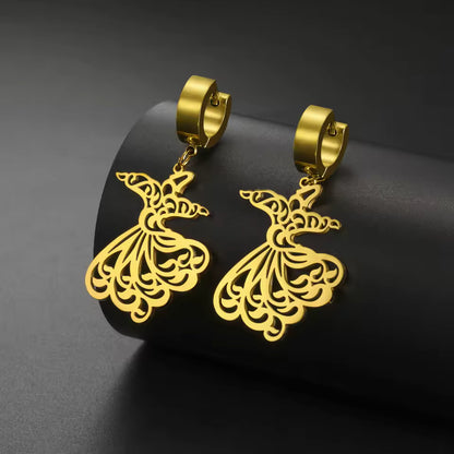 Gold Sufi Sama Dance drop earrings for women with Islamic calligraphy design