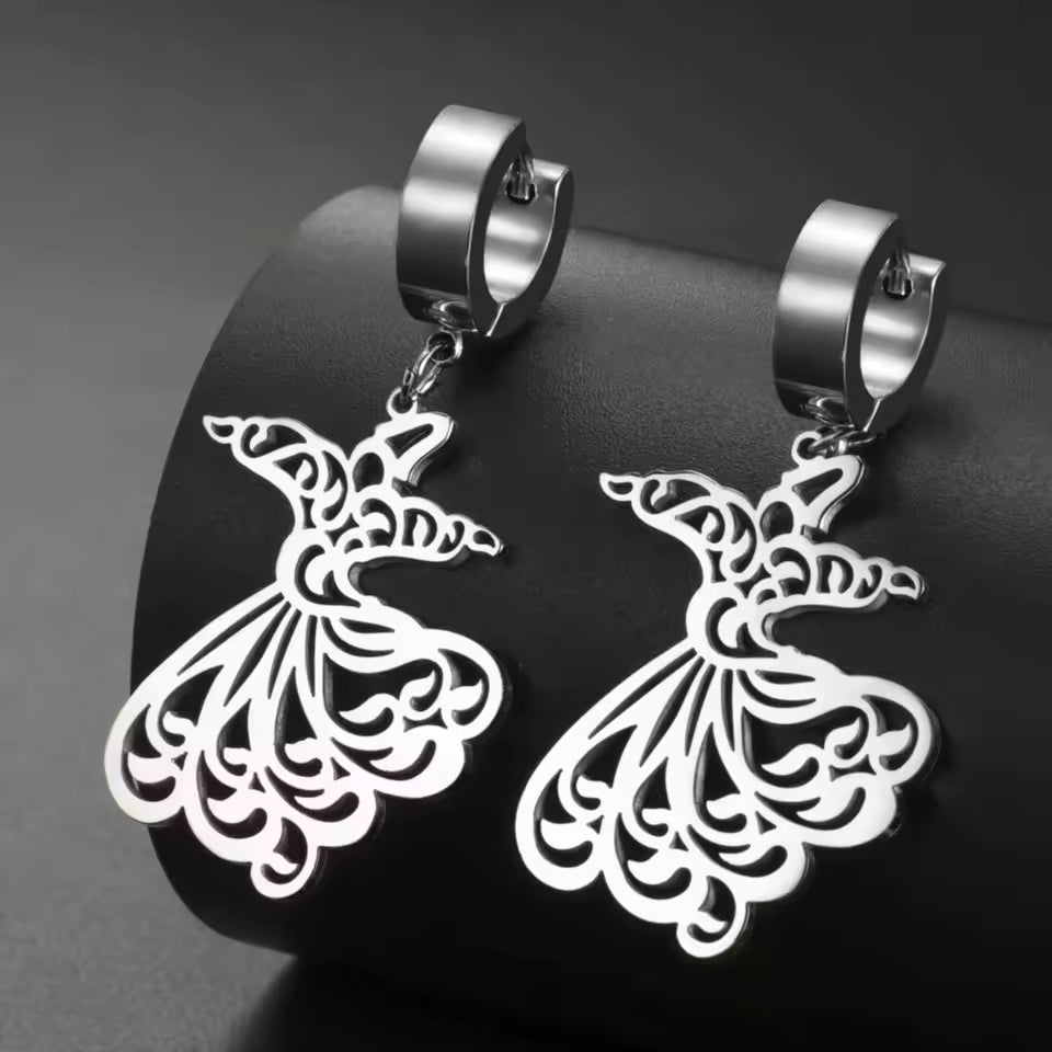 Islamic spiritual earrings featuring gold Sama dance motif