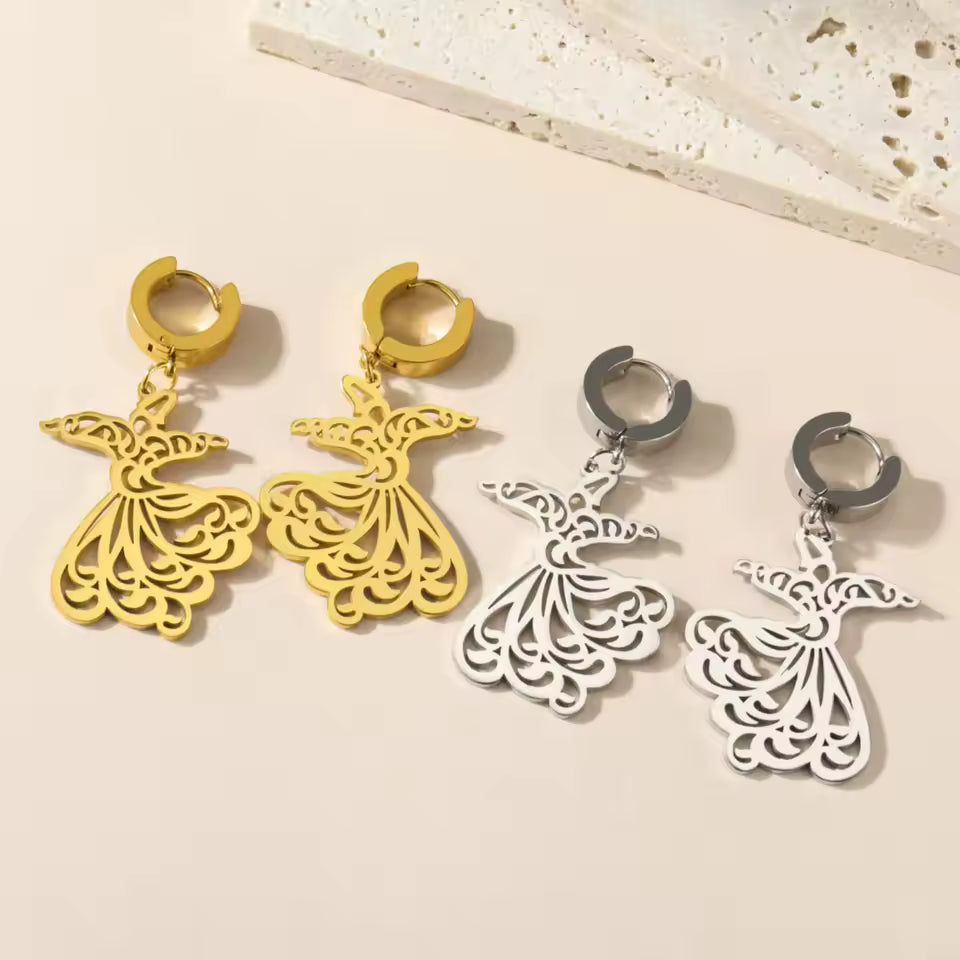 Whirling dervish Sufi earrings in gold stainless steel for Muslim women