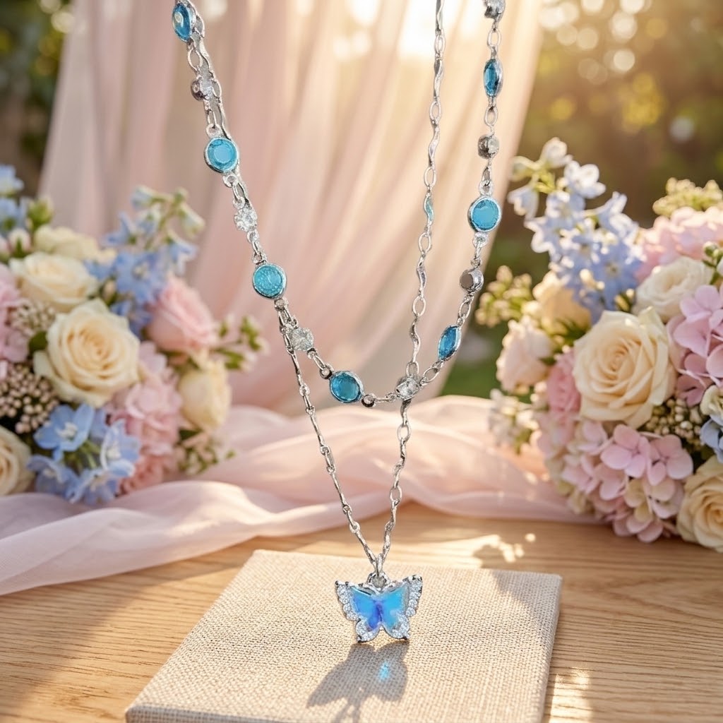 Blue Crystal Butterfly Necklace For Women Delicate Jewelry Gift by CBEnjoy Necklaces Necklaces CBEnjoy