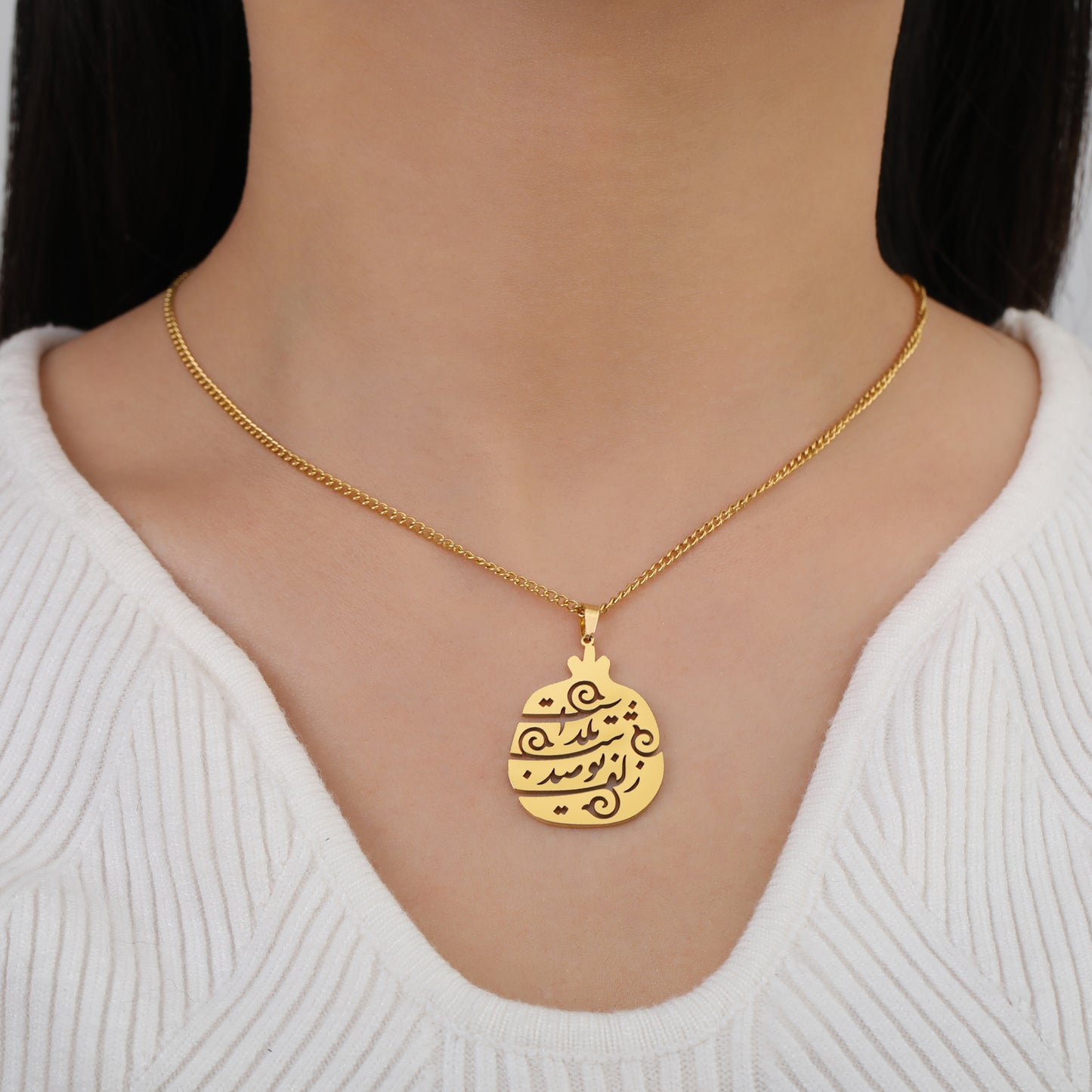 Myshape Yalda Persian calligraphy necklace with stainless steel poem pendant for women.